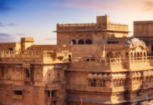 Jaisalmer Fort yellow limestone architecture. Jaisalmer Fort also known as the Golden Fort is a UNESCO World Heritage site